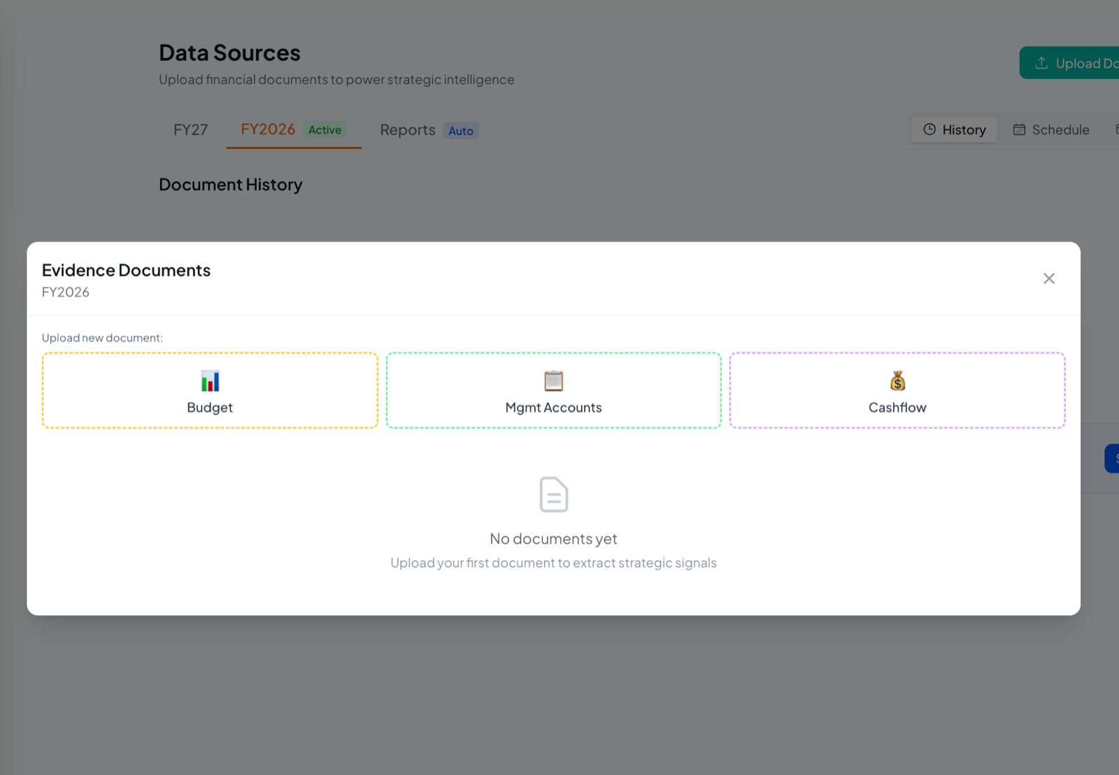StraEO data sources showing budget, management accounts, and cashflow uploads