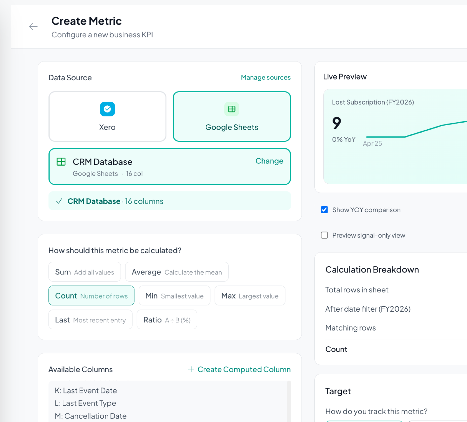 StraEO metrics dashboard showing data sources, calculations, and live preview