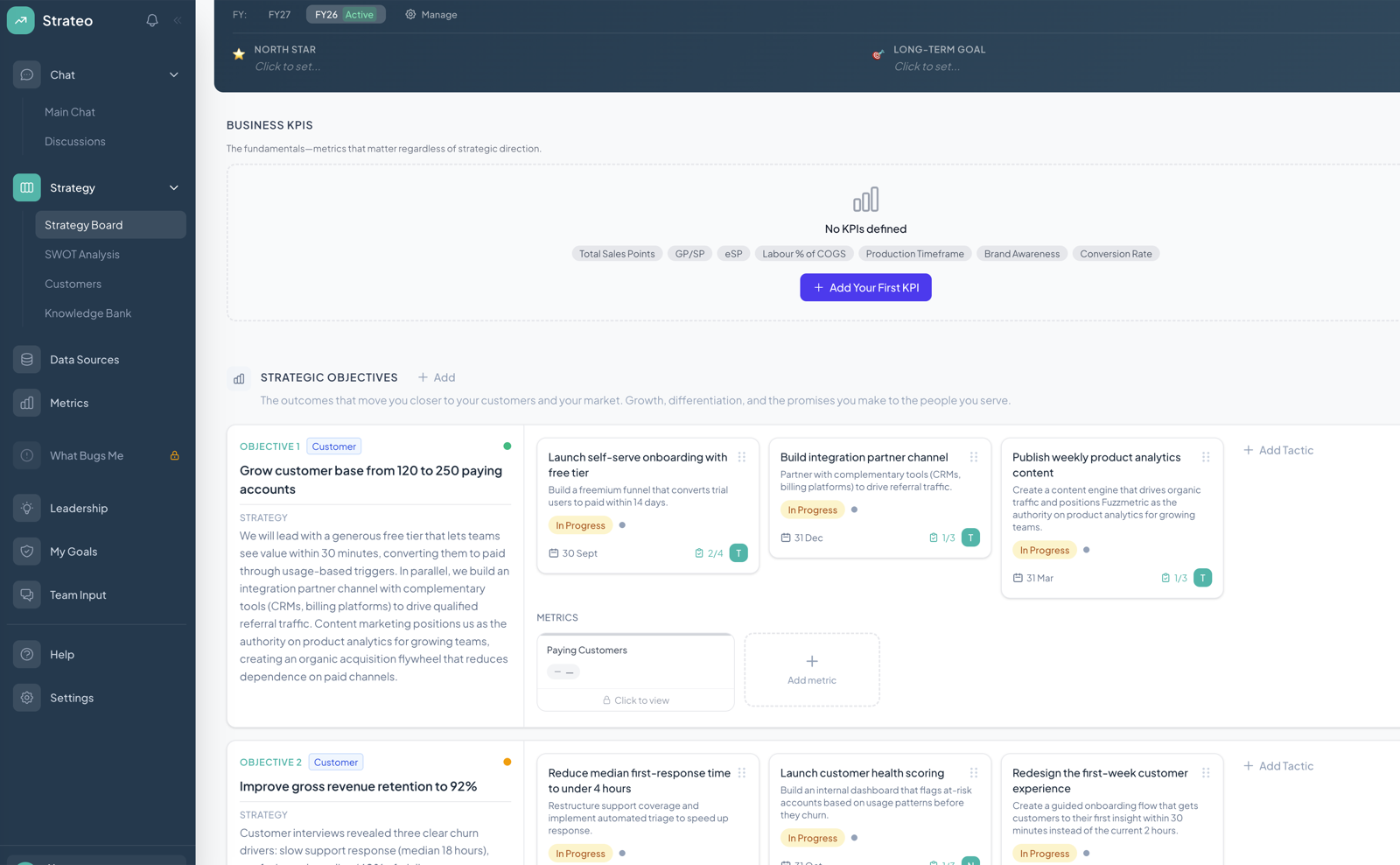 StraEO strategy board showing objectives, tactics, and metrics