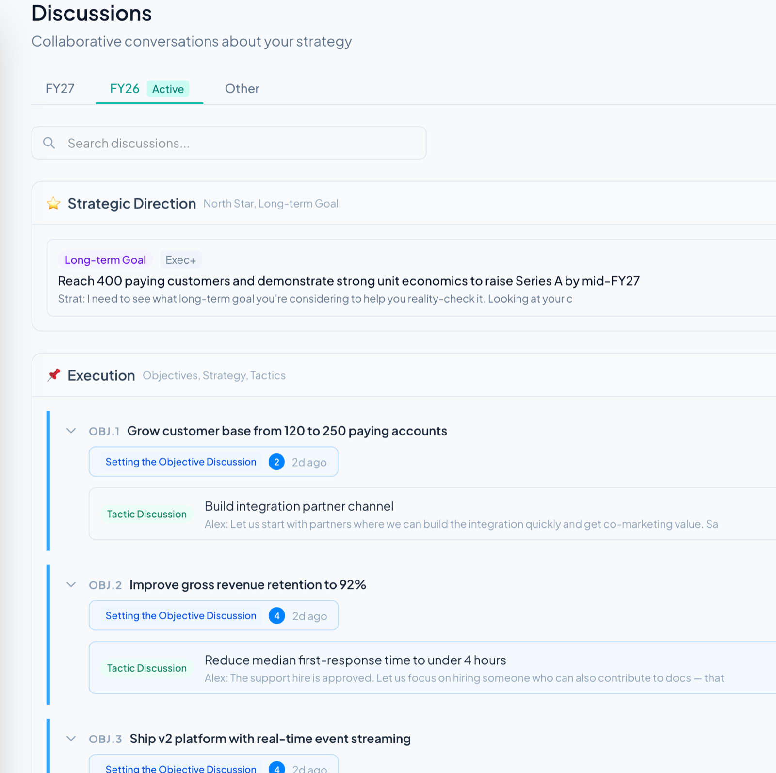 StraEO team discussions showing collaborative strategy conversations
